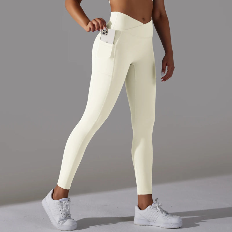 Cross Waist Women Leggings with Pockets Cross Waist Women Leggings with Pockets Marven Beige Grey L 