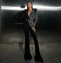 Luxury Black Jumpsuit with Diamonds and Flare Pants Luxury Black Jumpsuit with Diamonds and Flare Pants Marven   