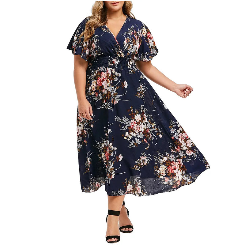 Chiffon Floral Print Dress for Women Chiffon Flower Dress Marven Navy Blue L 