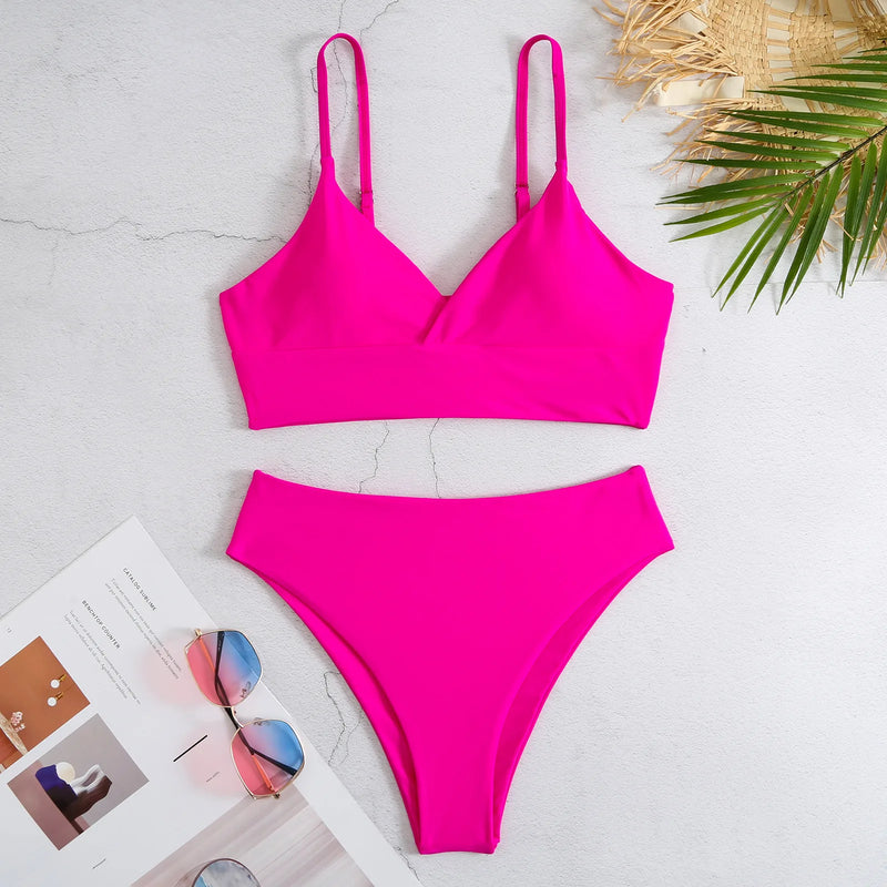 High Waist Bikinis 2023 Women Solid Strape Swimsuit Female Padded Swimwear Bathers Bathing Swimming Swim Suit Summer Beachwear  Marven Hot Pink L 