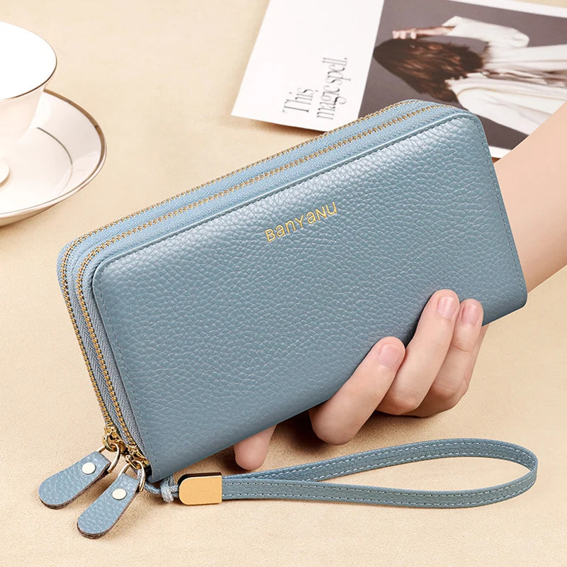 Leather Wallet Clutch Zipper  Marven Style B Light Blue  