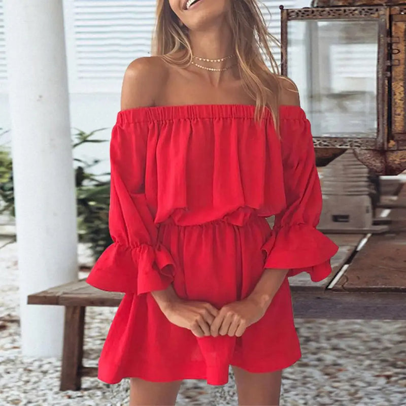 Boho Off Shoulder Flare Sleeve Mini Dress Boho Off Shoulder Flare Sleeve Mini Dress - Casual Tunic Style Marven   