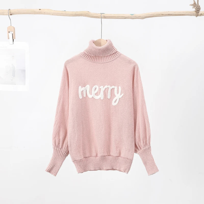 Red Turtleneck Letter Sweater for Women Red Turtleneck Letter Sweater for Women Marven Pink S 