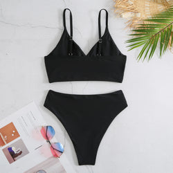 High Waist Bikinis 2023 Women Solid Strape Swimsuit Female Padded Swimwear Bathers Bathing Swimming Swim Suit Summer Beachwear  Marven Black L 