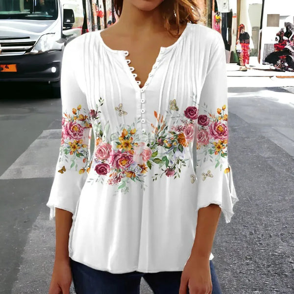 V neck Three Quarter Print Sleeve Blouse  Marven   