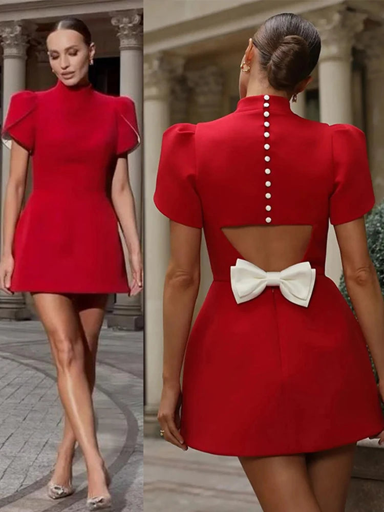 Fanny Back Cut-Out Bowknot Red Mini Dress Stylish Bow Evening Dress for Women Marven  Red S 