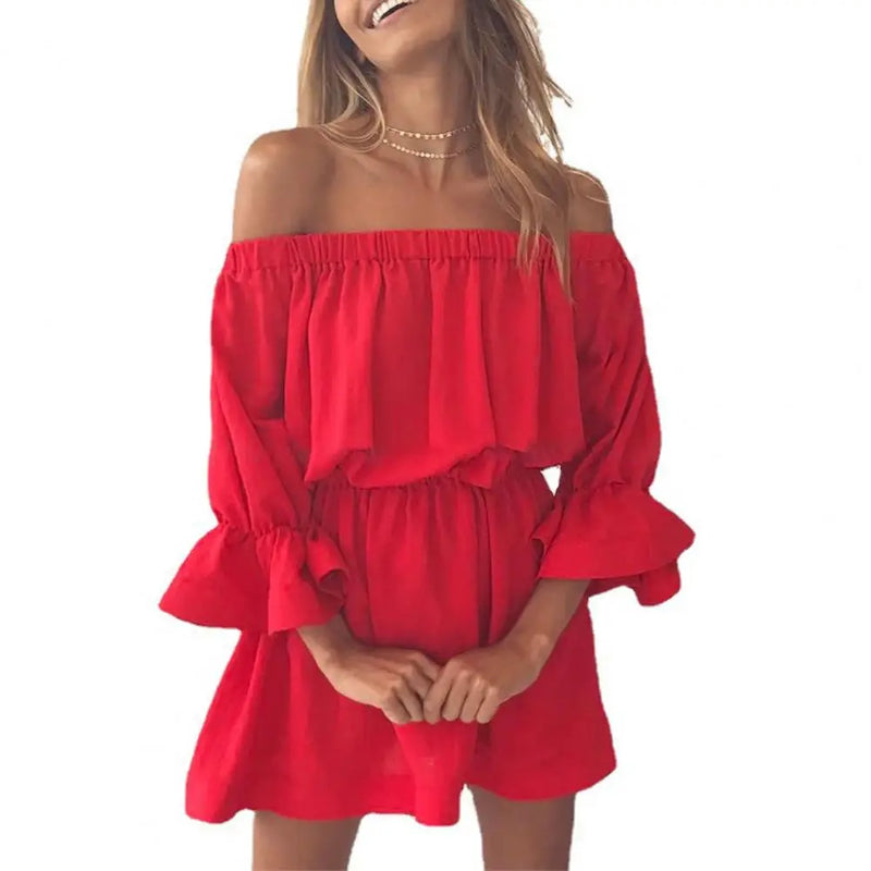 Boho Off Shoulder Flare Sleeve Mini Dress Boho Off Shoulder Flare Sleeve Mini Dress - Casual Tunic Style Marven Red S 