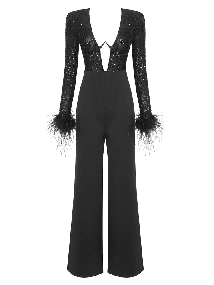 Luxury Black Sequins Feather Jumpsuit Sexy V Neck Feather Jumpsuit for Parties Marven   