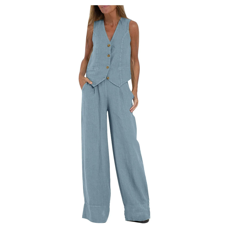 Sleeveless Vest & Wide Leg Pants Set Sleeveless Vest & Wide Leg Pants Set Marven Blue M 