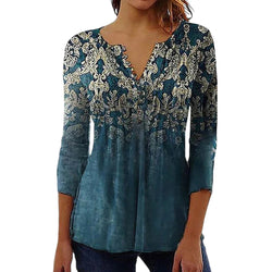 V neck Three Quarter Print Sleeve Blouse  Marven Dark Aqua M 