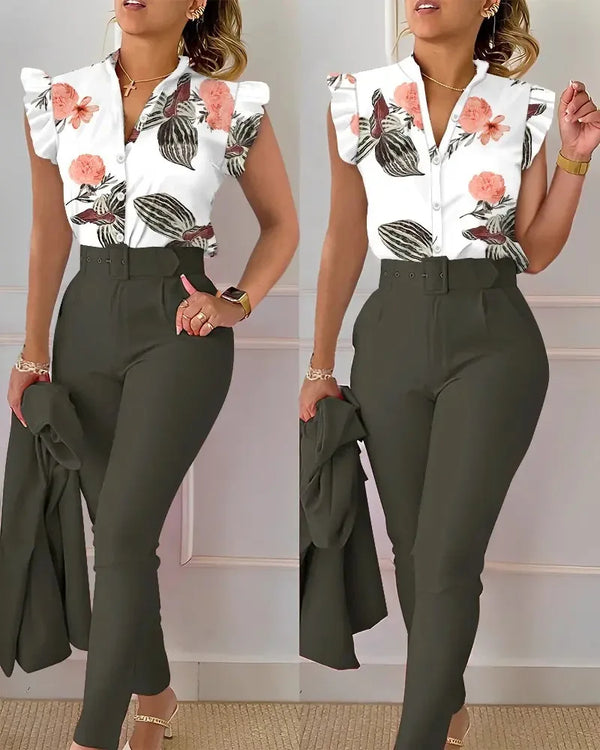 Floral Print Lotus Sleeve & High Waist Pants Set Floral Print Lotus Sleeve & High Waist Pants Set Marven   