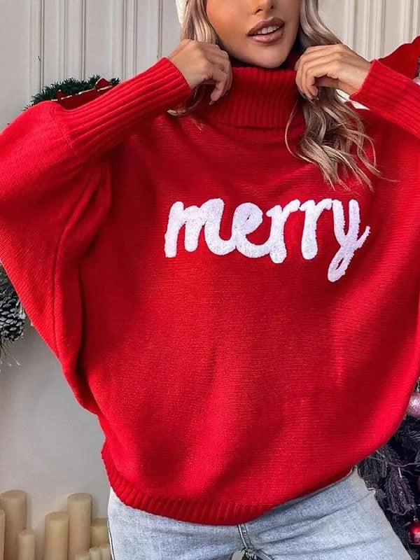 Red Turtleneck Letter Sweater for Women Red Turtleneck Letter Sweater for Women Marven   