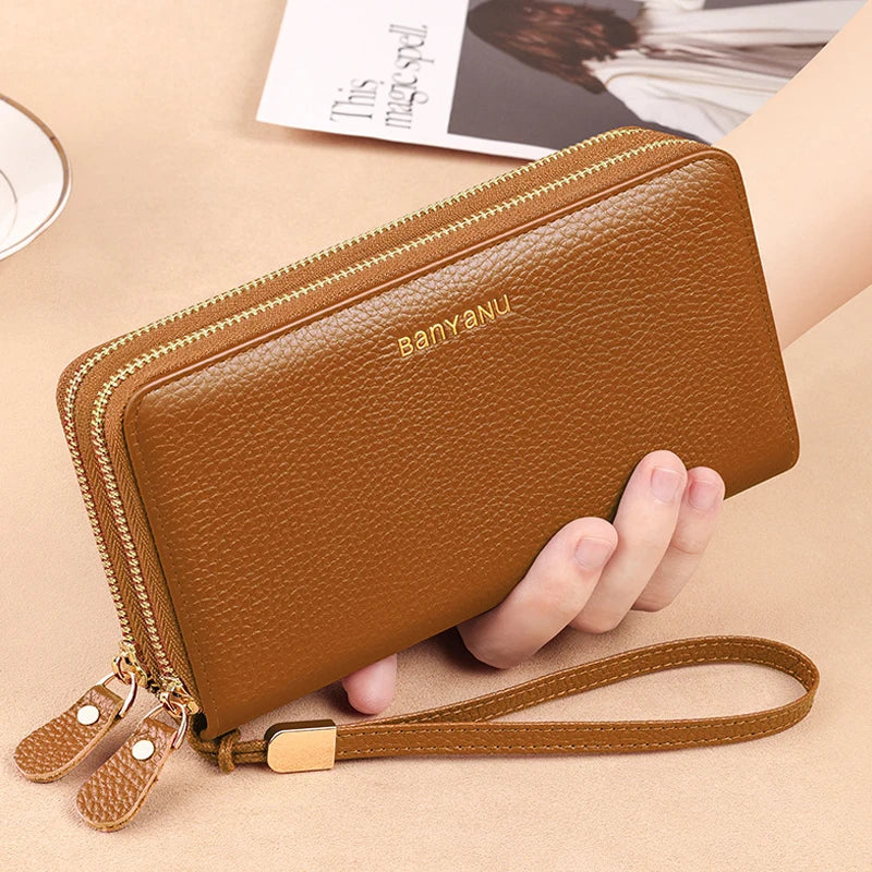 Leather Wallet Clutch Zipper  Marven Style B Brown  