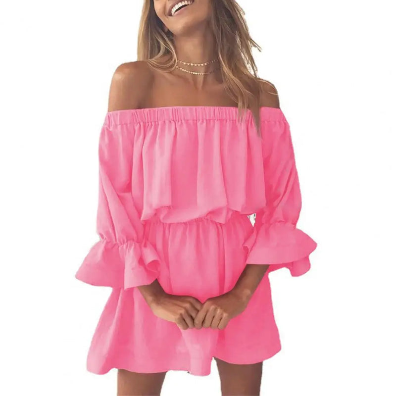 Boho Off Shoulder Flare Sleeve Mini Dress Boho Off Shoulder Flare Sleeve Mini Dress - Casual Tunic Style Marven Pink S 