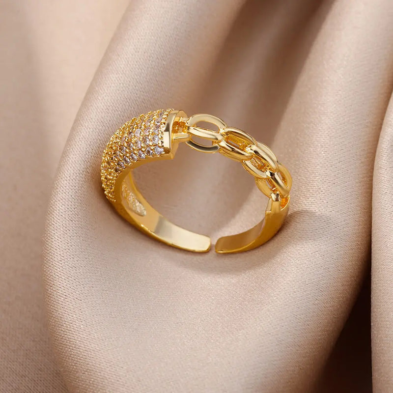 Fashion Gold Color Stainless Steel Chain Hollow Out Crystal Zircon Ring Fashion Gold Color Stainless Steel Chain Hollow Out Crystal Zircon Ring Marven JZ4403G Resizable 