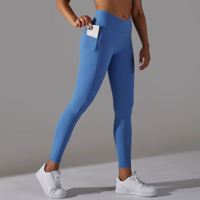 Cross Waist Women Leggings with Pockets Cross Waist Women Leggings with Pockets Marven Deep Blue XL 