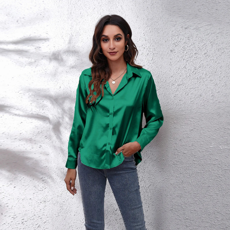 Elegant Satin Long Sleeve Blouse Elegant Satin Long Sleeve Blouse Marven green L 