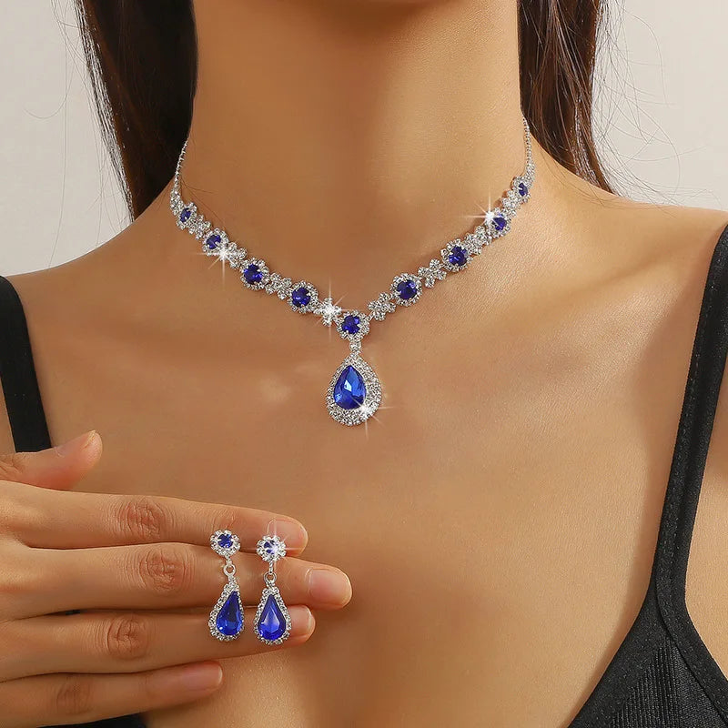 Elegant Waterdrop Rhinestone Jewelry Set - Necklace & Earrings Elegant Waterdrop Rhinestone Jewelry Set - Necklace & Earrings Marven Royal blue  