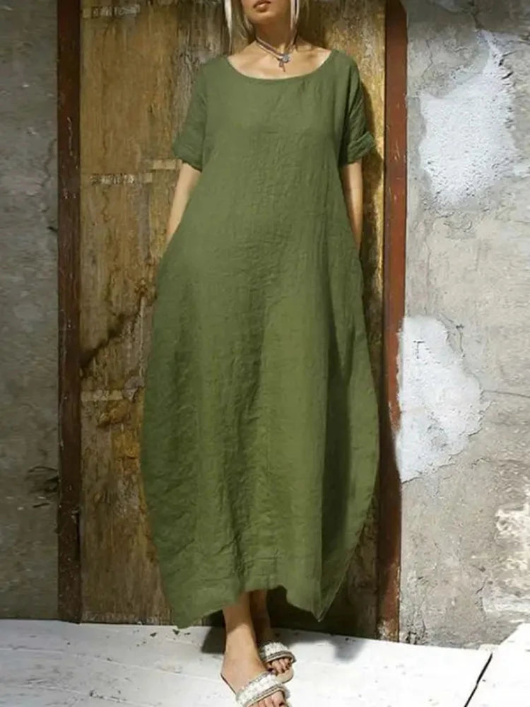 Plus Size Cotton Linen Casual Dress - Women's Fashion Plus Size Cotton Linen Casual Dress - Women's Fashion Marven Green XXL 