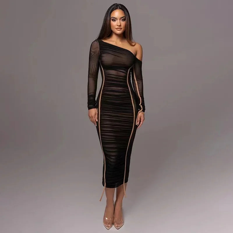 One Shoulder Long Sleeve Dress One Shoulder Long Sleeve Dress Marven Black LYQ206 S 