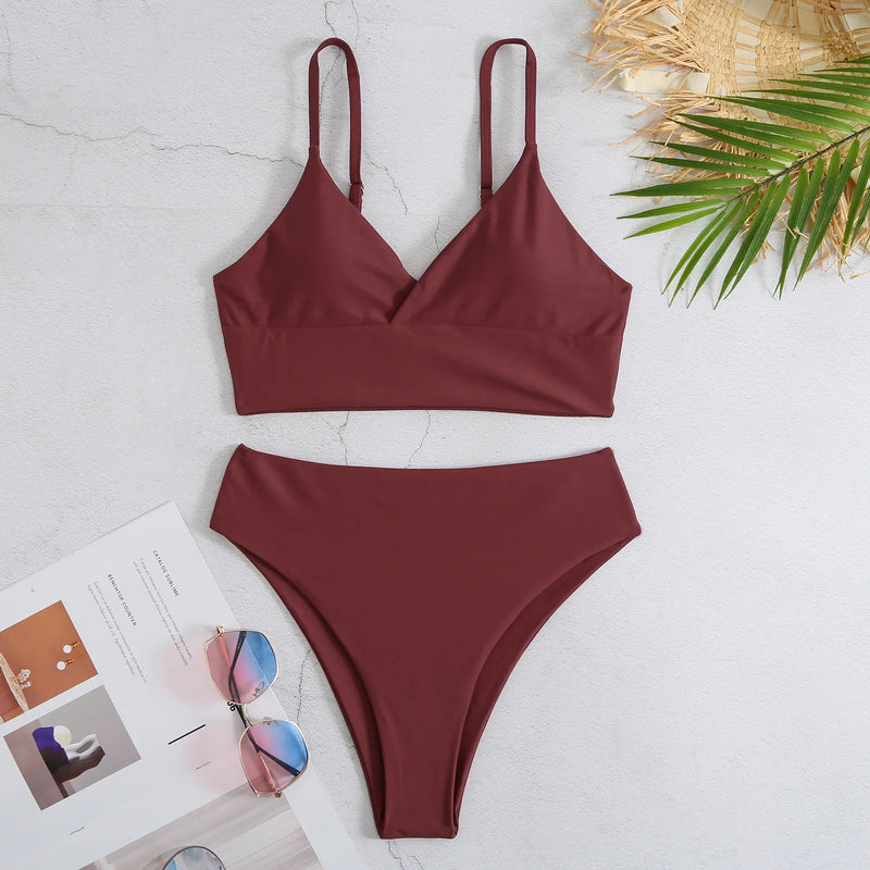 High Waist Bikinis 2023 Women Solid Strape Swimsuit Female Padded Swimwear Bathers Bathing Swimming Swim Suit Summer Beachwear  Marven Wine L 