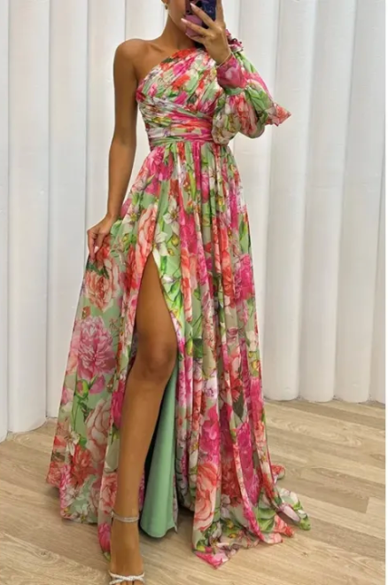 Casual Off-Shoulder Slit Dress | Long-Sleeve Waist-Tie Party Dress with Print Off-Shoulder Slit Dress Marven   