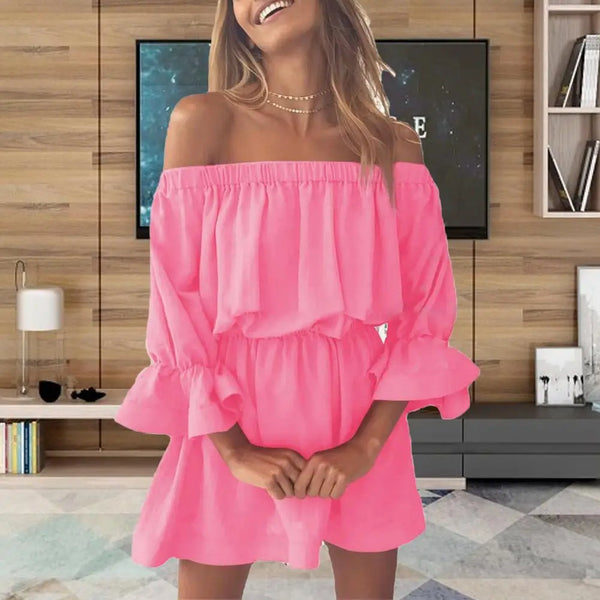 Boho Off Shoulder Flare Sleeve Mini Dress Boho Off Shoulder Flare Sleeve Mini Dress - Casual Tunic Style Marven   