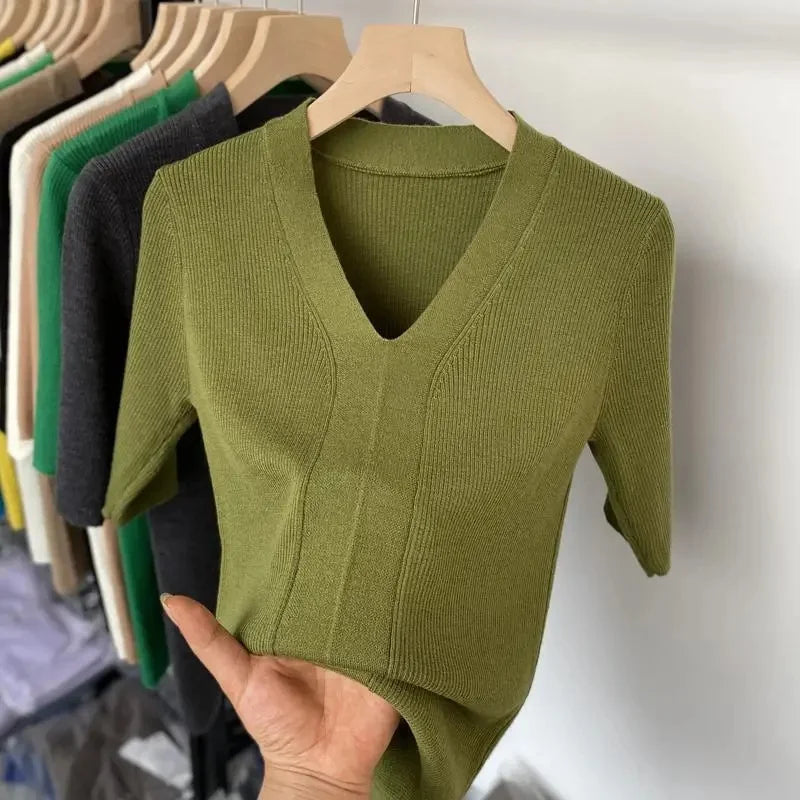 Short Sleeve V-Neck Stripe Knitwear Short Sleeve V-Neck Stripe Knitwear Marven Olive color S 