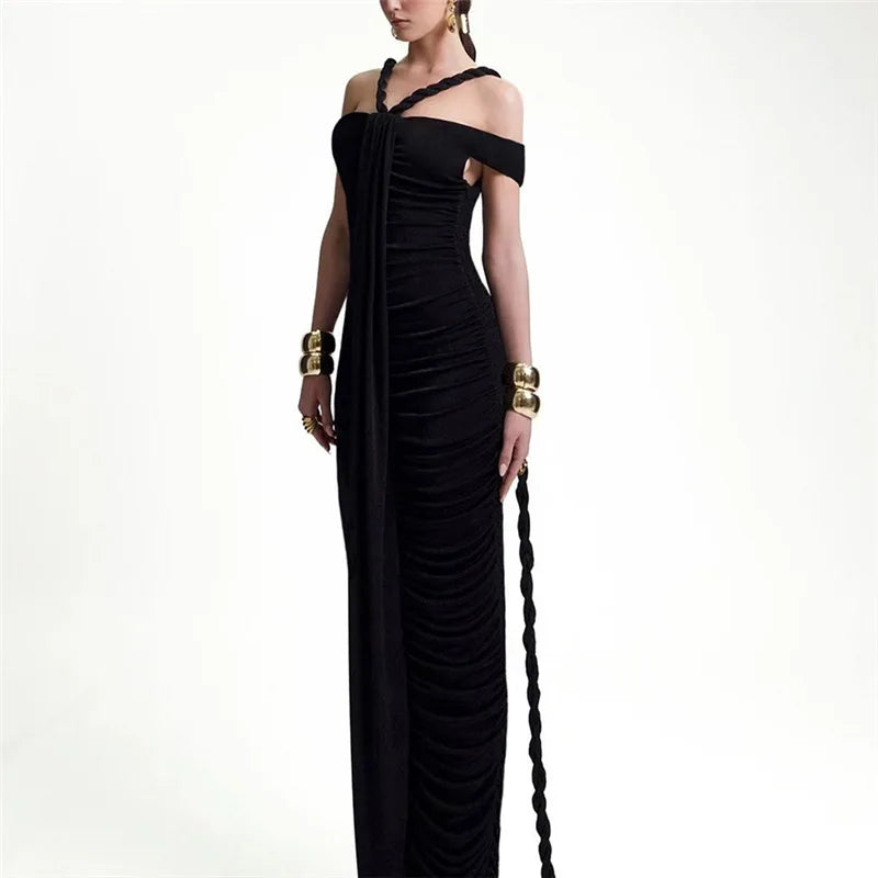 Braid Ribbon Ruched Bodycon Maxi Dress - Off Shoulder Braid Ribbon Ruched Bodycon Maxi Dress - Off Shoulder Marven Black S 