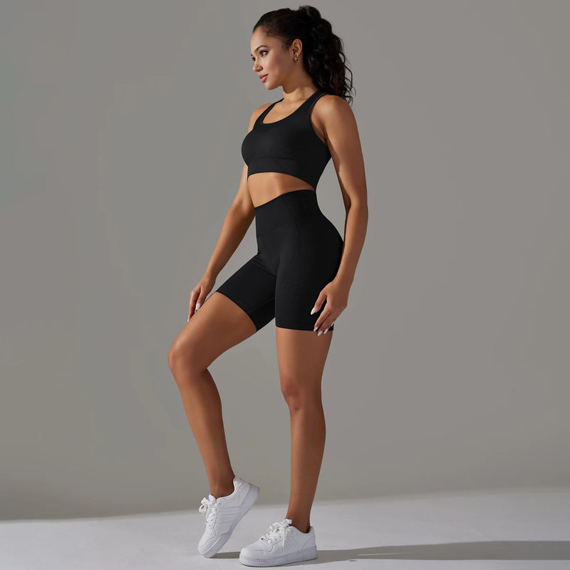 2PCS Seamless Yoga Set - Crop Top & Shorts Outfit Crop Top & Shorts Outfit Marven Black L 