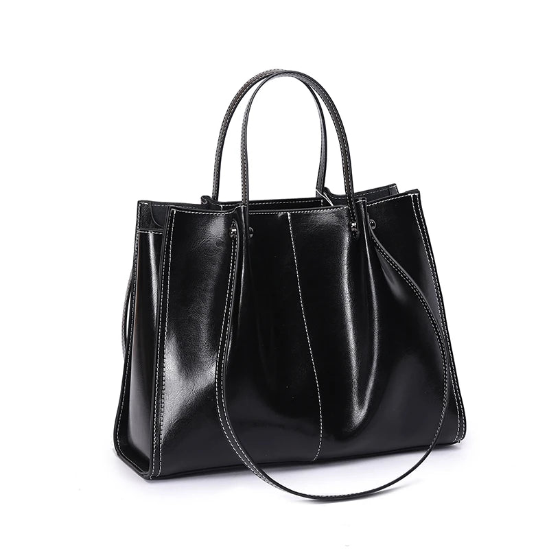 Retro Genuine Leather Tote  Marven Black  