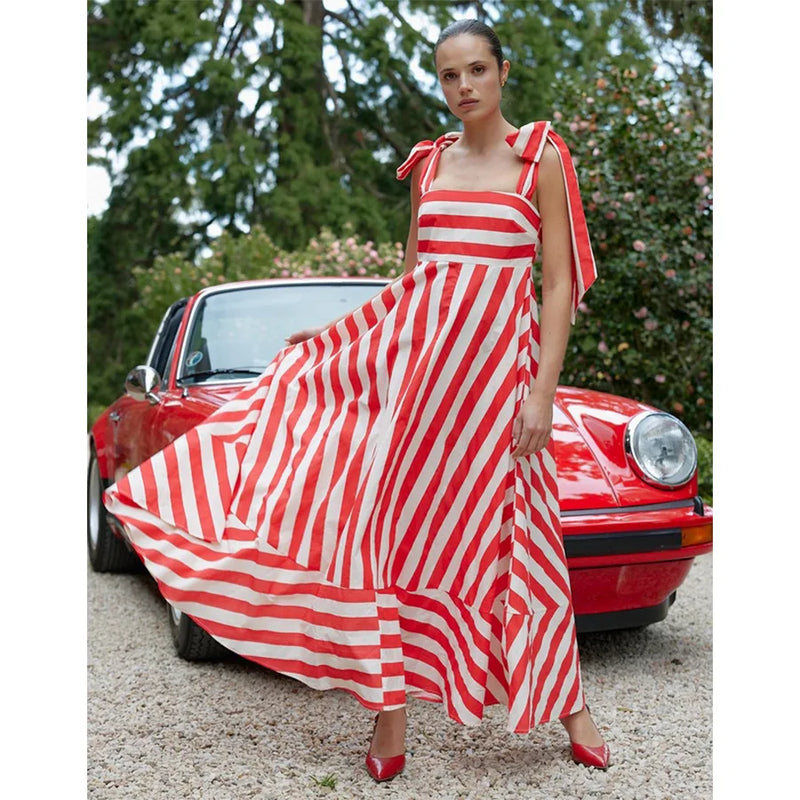 Chic Stripe Print Spaghetti Strap Dress Stripe Print Spaghetti Strap Dress - Elegant Bowknot Long Marven Red. S 