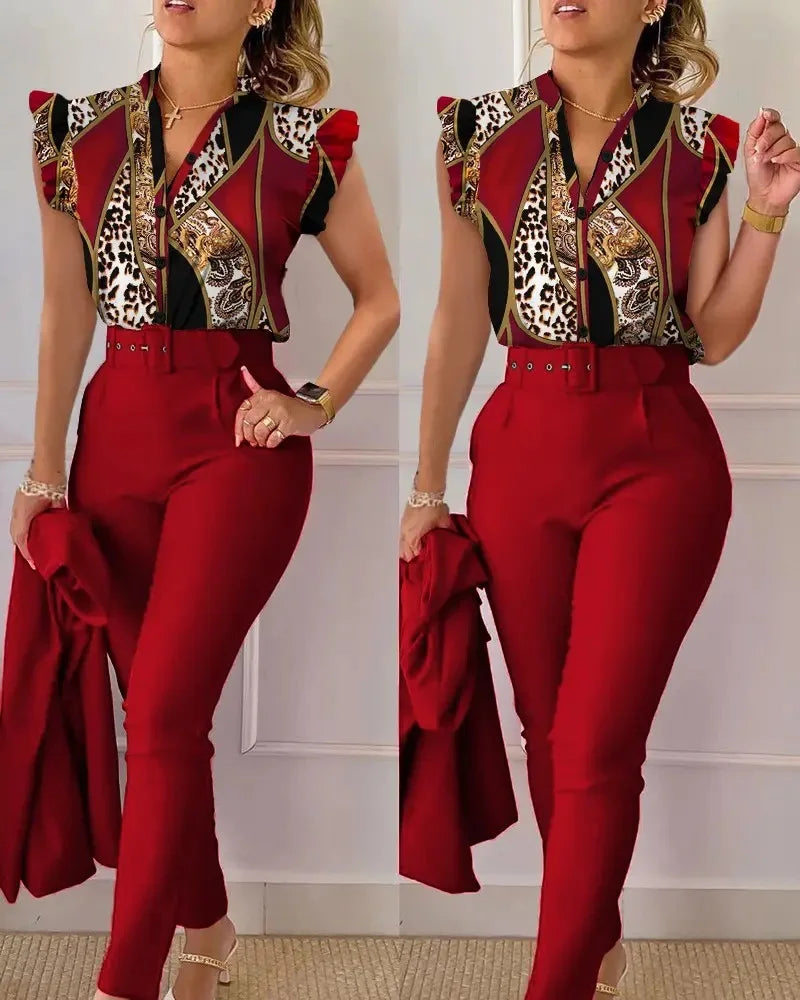 Floral Print Lotus Sleeve & High Waist Pants Set Floral Print Lotus Sleeve & High Waist Pants Set Marven 18 L 