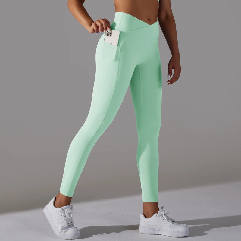 Cross Waist Women Leggings with Pockets Cross Waist Women Leggings with Pockets Marven Light Green XS 