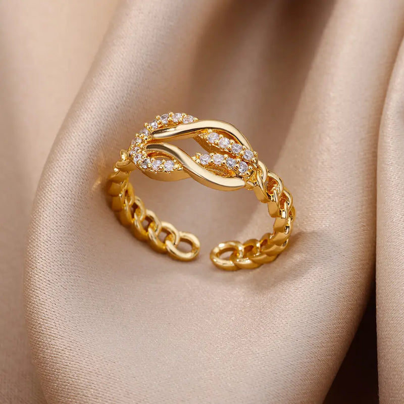 Fashion Gold Color Stainless Steel Chain Hollow Out Crystal Zircon Ring Fashion Gold Color Stainless Steel Chain Hollow Out Crystal Zircon Ring Marven JZ4420G Resizable 